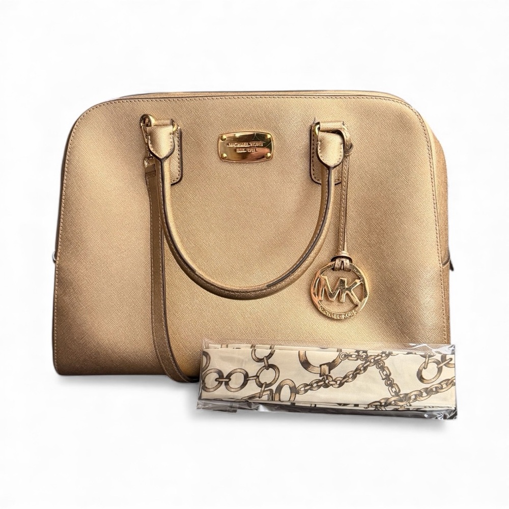 Michael Kors Gold Saffiano Leather Satchel w/ Strap + Bag Scarf - Picture 2 of 15